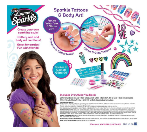 cra-z-art 65502int set de manichiură și tatuaj "sparkling glitter & shimmer tattoos & nails"
