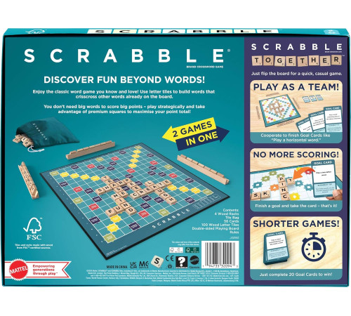 mattel jlj65 joc de societate "scrabble 2 &icirc;n 1" cu piese din lemn (ro)