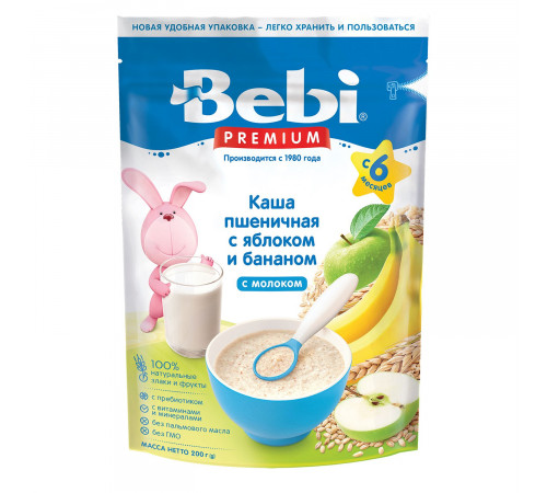  bebi premium Каша пшеничная молочная с яблоком и бананом  (6 м+) 200 гр.