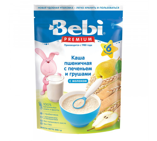 bebi premium Каша молочная пшеничная с печеньем и грушей (6 м+) 200 гр.