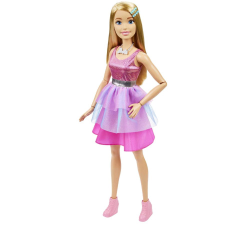 barbie hjy02 papusa barbie mare intr-o rochie roz stralucitor (71 cm.)