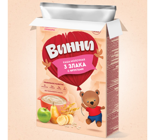 Винни terci cu lapte 3 cereale cu fructe (banane, pere, mere) (6 m +) 200 gr.
