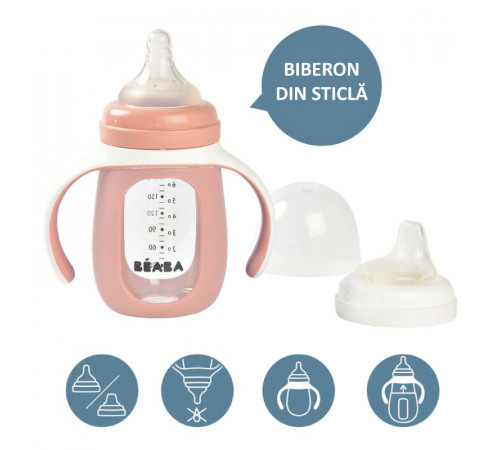 beaba 5069 biberon din sticla 2 in 1 pentru invatare (210 ml.) roz