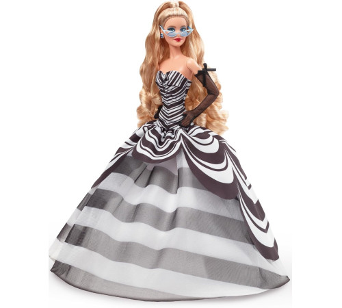 barbie hrm58 papusa de colectie "65 anniversary" blonda in rochie alb-negru