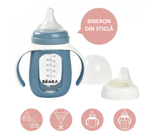 beaba 5070 biberon din sticla 2 in 1 pentru invatare (210 ml.) albastru