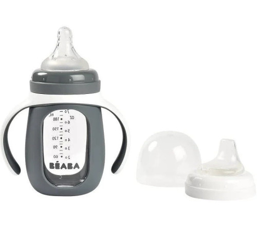 Beaba Biberon din sticla 2 in 1 pentru invatare (210 ml.) gri  beaba biberon din sticla 2 in 1 pentru invatare (210 ml.) gri