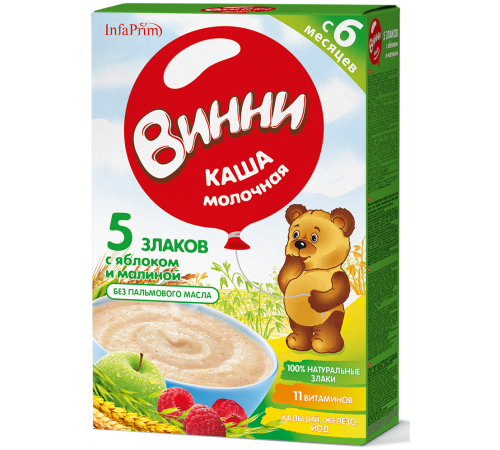 Детское питание в Молдове Винни Каша молочная 5 злаков с яблоком и малиной (6m+) 200 gr.