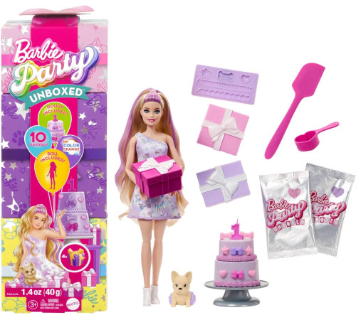 barbie jfg70 set cu papusa "petrecerea surpriza in tonuri de liliac"