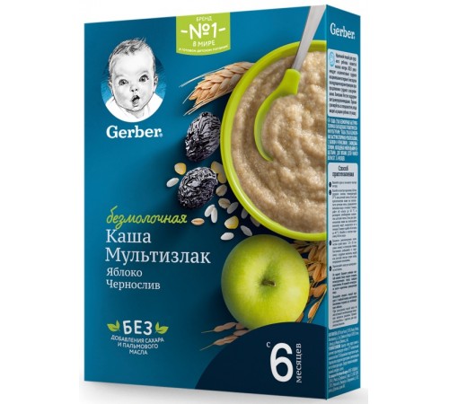  gerber Каша безмолочная Мультизлаковая с яблоком и черносливом 180 гр. (6м+)