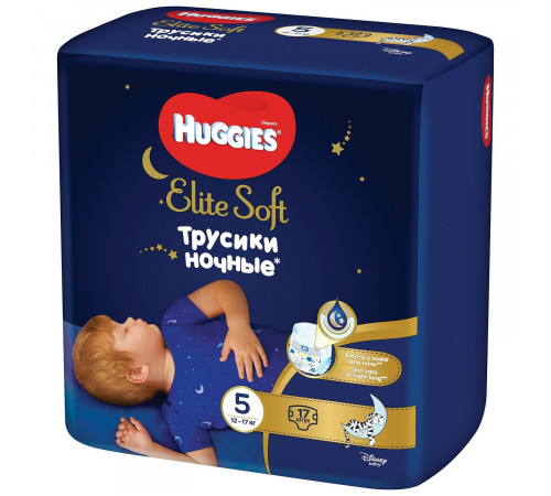 Подгузники-трусики huggies elite soft ночные 5 (12-17кг.) 17шт.