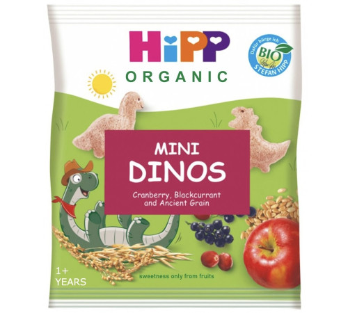  hipp 82013 bio Фруктово-злаковые мини динозаврики Яблоко, клюква, черная смородина (12 м+) 30 гр. 