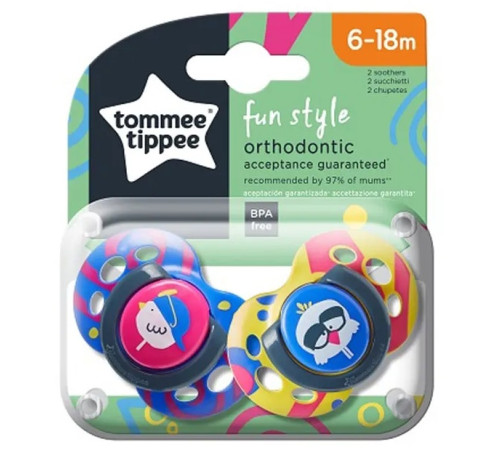 tommee tippee tt0153-2 suzeta simetrica din silicon fun pasare (6-18 luni) 2 buc.