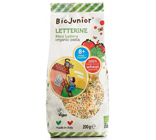 biojunior organic paste "litere" cu roșii și spanac (8 luni+) 200 gr.