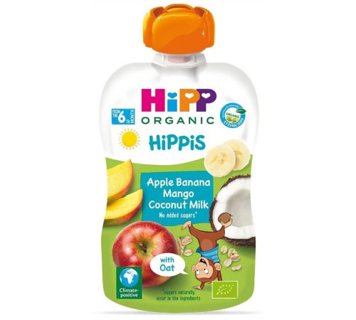 hipp 47011 piure hippis măr-banana-mango cu lapte de cocos și ovăz (6 m+) 100 gr.