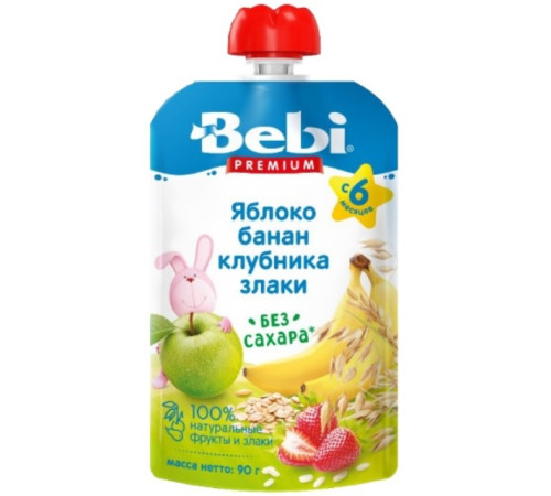 Детское питание в Молдове bebi premium Пюре яблоко-банан-клубника-злаки (6 м+) 90 гр.
