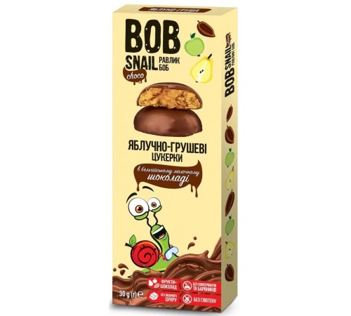 bob snail bomboane naturale "mere-pere" în ciocolată cu lapte belgiană (30 gr.)