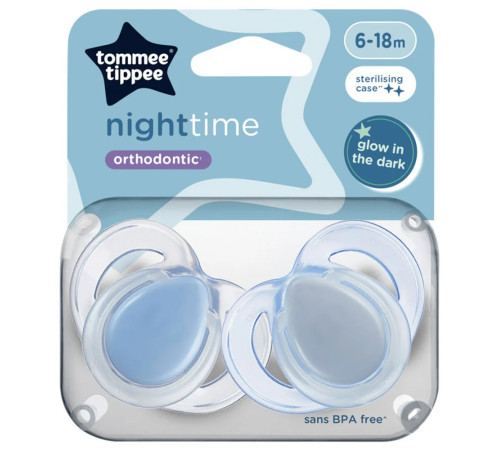 Tommee Tippee TT0474 Пустышка симметричная "Night Time" голубой (6-18 м.) 2 шт.   tommee tippee tt0474 Пустышка симметричная "night time" голубой (6-18 м.) 2 шт.