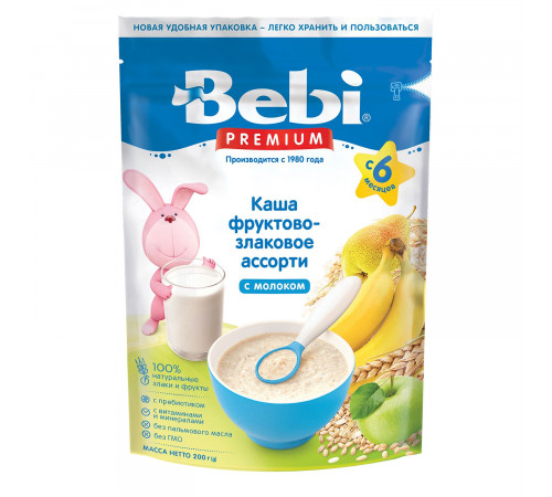 bebi premium terci cu lapte asorti de fructe și cereale (6 m+) 200 gr.