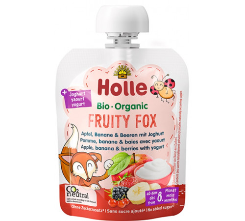 holle bio organic piure "fruity fox" mere-banane-fructe de pădure-iaurt (8 m +) 85 gr.