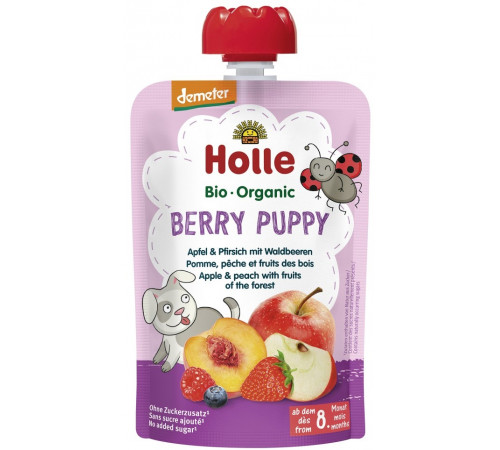 Детское питание в Молдове holle bio organic Пюре "berry puppy" dЯблоко-персик-лесные ягоды (8 м +) 100 гр.