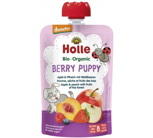 holle bio organic Пюре "berry puppy" Яблоко-персик-лесные ягоды (8 м +) 100 гр.