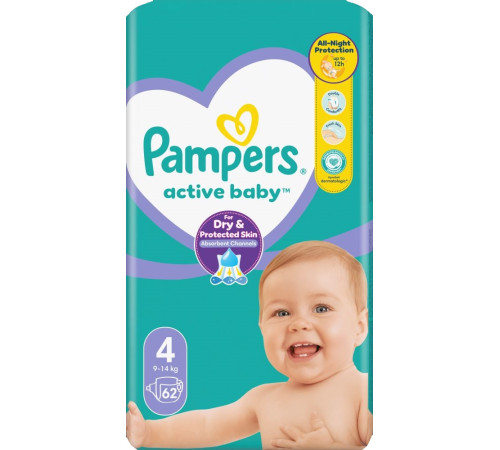 pampers active baby 4 (9-14 kg.) 62 buc.