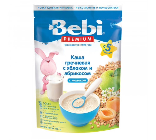  bebi premium terci de hrisca cu lapte, mere si caise (5 m+) 200 gr.