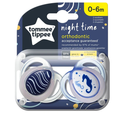 tommee tippee tt0174 suzeta simetrica "night time" calut de mare (0-6 luni) 2 buc. 