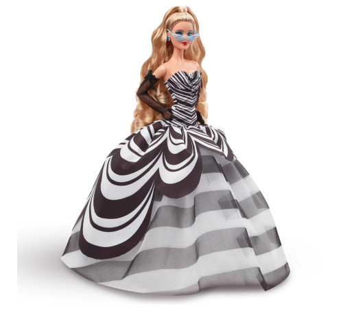 barbie hrm58 papusa de colectie "65 anniversary" blonda in rochie alb-negru