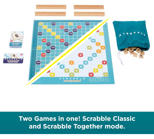 mattel jlj65 joc de societate "scrabble 2 &icirc;n 1" cu piese din lemn (ro)