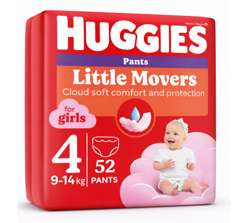 huggies chilotei little movers girl 4 (9-14 kg.) 52 buc.