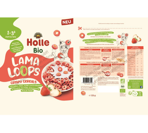 holle organic Хрустящие хлопья "lama loops" с яблоком и клубникой (12 м+) 125 гр.