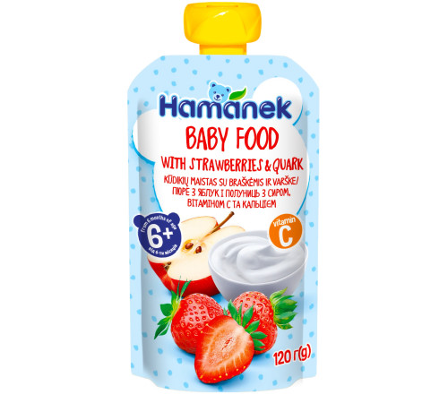 Hame Piure "Hamanek" măr cu căpșuni și brânză 120 gr.  hame piure "hamanek" măr cu căpșuni și brânză 120 gr.