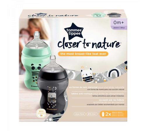 tommee tippee tt0038 set de 2 biberoane "closer to nature animals" (0 luni+) 2х260 ml.