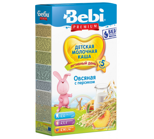 Bebi Terci cu lapte Premium cu fulgi de ovăz si piersicii 250gr.(5+) bebi terci cu lapte premium cu fulgi de ovăz si piersicii 250gr.(5+)