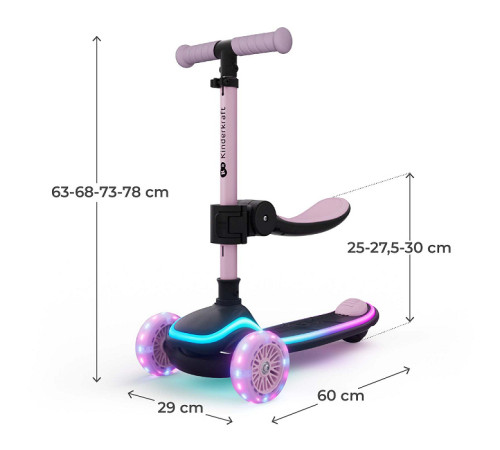 kinderkraft trotinetă 2 &icirc;n 1 raket up cu lumini led (roz)