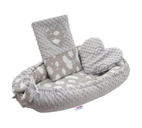 new baby 42796 cocon cu pernă și pătura minky clouds grey