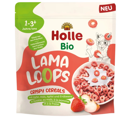Детское питание в Молдове holle organic Хрустящие хлопья "lama loops" с яблоком и клубникой (12 м+) 125 гр.