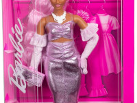 barbie hyv25 papusa "barbie deluxe style" cu părul roz într-o rochie lucioasă