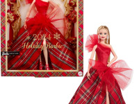 barbie hrm61 papusa de colectie "holiday 2024"  blonda in rochie in carouri