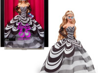 barbie hrm58 papusa de colectie "65 anniversary" blonda in rochie alb-negru